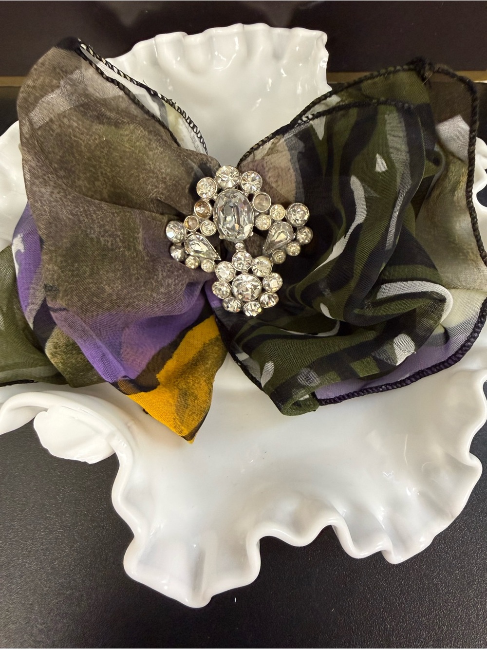 Sheer Organza Camo Hair Bow Barrette + Detachable Rhinestone Brooch DIY